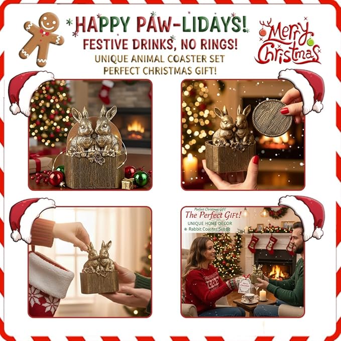 Cabin Coasters Set 6 Full Size Non-Slip Bar Coasters, Indoor Christmas Decorations, Man Cave Gifts for Men, Rustic Handmade Decor for The Home (Rabbit)