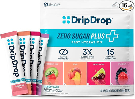DripDrop Zero Sugar Plus - Sugar Free Hydration Packets - Single Serve Electrolytes Powder Drink Mix - Strawberry Kiwi, Peach, Cherry Limeade, Wild Berry - Non-GMO, Gluten Free, Vegan - 16 Sticks
