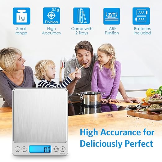 AMIR Digital Kitchen Scale, 3000g 0.01oz/ 0.1g Pocket Coffee Scale, Mini Food Scale, Pro Electronic Jewelry Scale with Back-Lit LCD Display, Tare & PCS Functions, Stainless Steel, Batteries Included