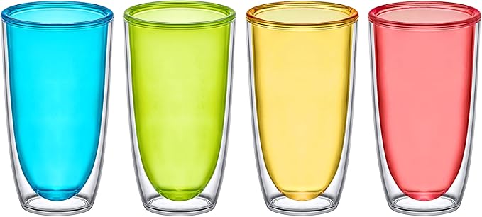 Amazing Abby - Andes - 22-Ounce Insulated Plastic Tumblers (Set of 4), Double-Wall Plastic Drinking Glasses, Mixed-Color Reusable Cups, BPA-Free, Shatter-Proof, Dishwasher-Safe
