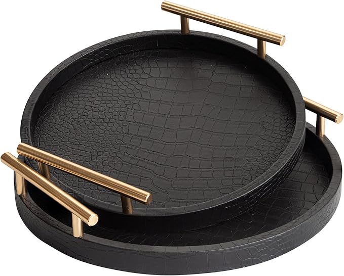 Decorative Serving Trays, Set of 2 Wood Modern Crocodile Leather Round Tray with Polished Metal Handles, Decorative Trays Coffee Table Tray Ottoman Platter for Home Decor (Black)