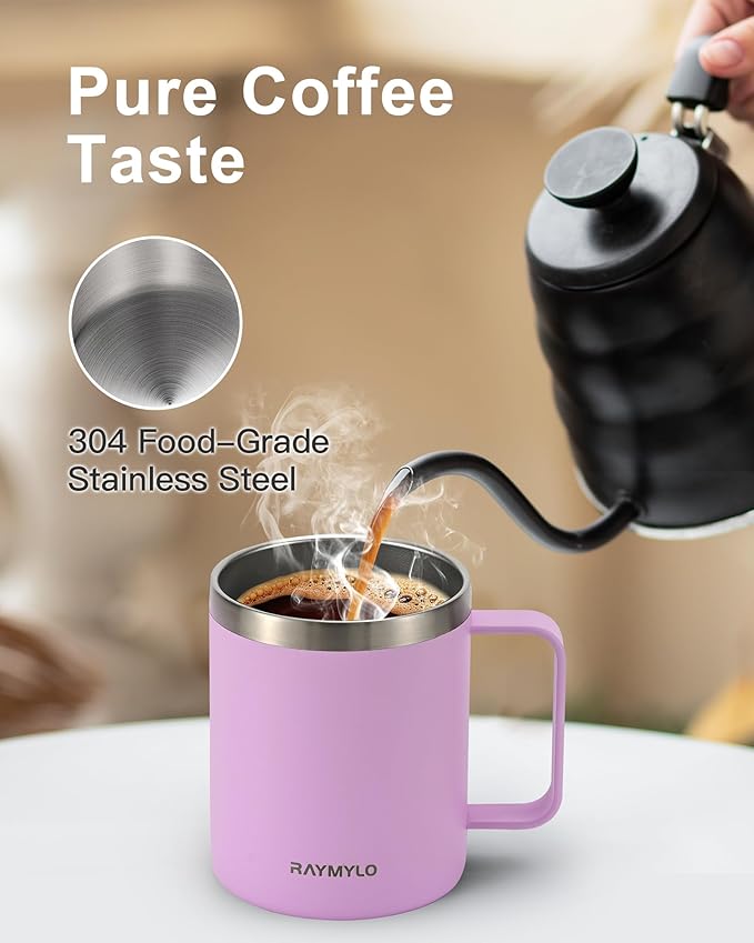 Insulated Coffee Mug 12 oz, Double Wall Stainless Steel Coffee Mug with Lids, Leak-Proof & Detachable Slider Lid for Thorough Clean, Keeps Coffee Cold for 9 Hrs, Suitable for Camp Home Office