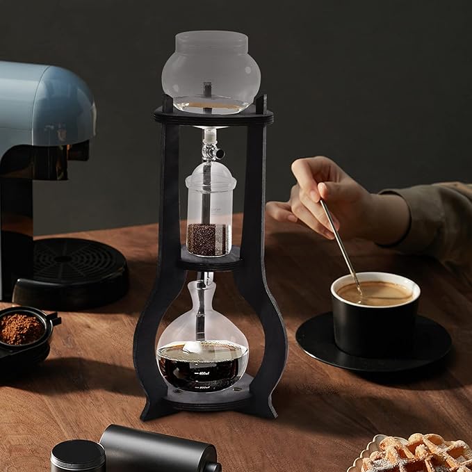 Tower Cold Brew Coffee Maker with Wood Tripod Stand, Adjustable Copper Drip Speed Valve, Ice Coffee Machine for Home, Coffee Shops, Cafes, Offices, Makes 6-8 Cups (Black)