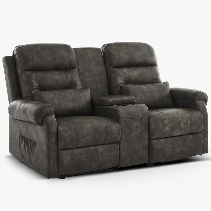 DRMBOOK RV Loveseat Recliner Sofa with Console, Faux Leather Double Wall Hugger Reclining Couch Manual Home Movie Seating 2 Person Recliner Chair with Cup Holders/Storage/Pocket/Pillow, Black&Grey
