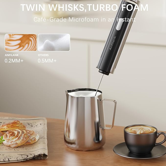 Handheld Milk Frother Wand, Rechargeable Electric Whisk with 3 Speeds & 3 Stainless Heads, Milk Foam Maker with Stand for Latte, Cappuccino, Hot Chocolate, Egg