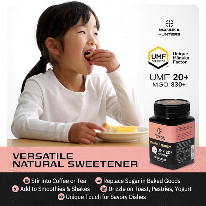 Manuka Hunters UMF 20+/MGO 830+ Certified New Zealand Manuka Honey - 100% Pure Natural Sweetener - Gluten, Dairy Free - Ideal for Tea, Coffee, Smoothies, and Baking - Sustainable - 1.1lb/500g Jar