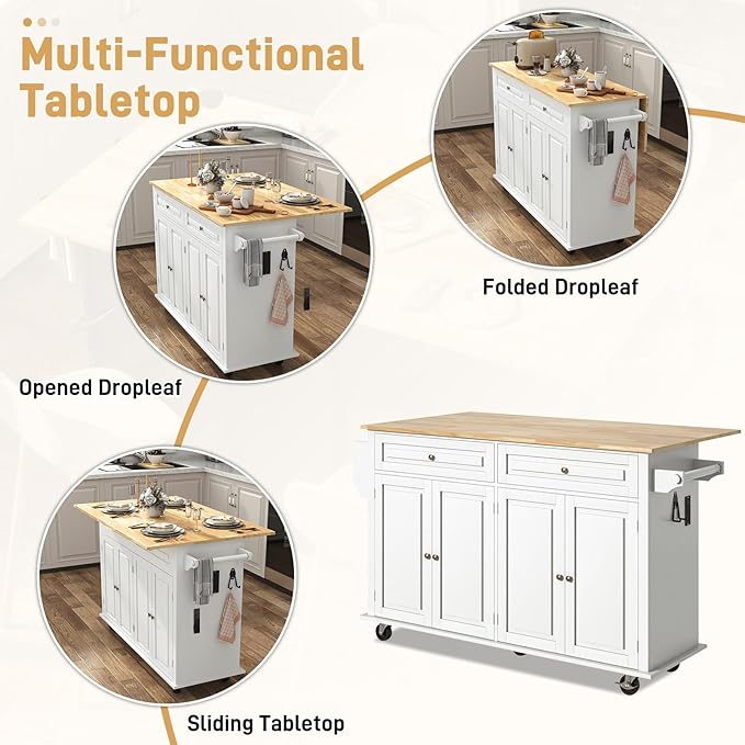 55" Movable Kitchen Island with Drop Leaf and Power Outlet, Rolling Island Cart w/Storage Cabinet, Island Table on Wheels for Kitchen w/2 Drawers, Spice Rack, Towel Bar, Garage Hook, White