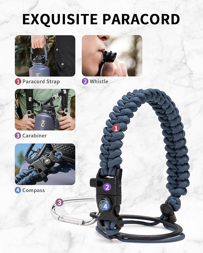 Trebo Water Bottle 64oz with Paracord Handle, Half Gallon Large Vacuum Double Wall Stainless Steel Insulated Water Jug with Holder Strap Straw Spout Lids, Leakproof Keep Cold & Hot, Grayish purple