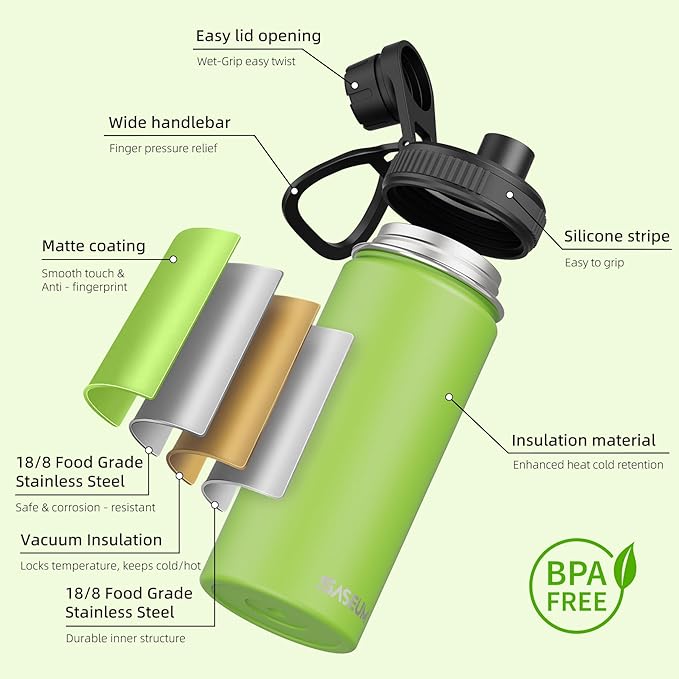SASEUM Kids Sport Water Bottle 16oz Stainless Steel Double Wall Vacuum Thermal Mug with Leak Proof Spout Lids, Wide Mouth Metal Insulated Water Jug for Gym and Travel（Apple Green）