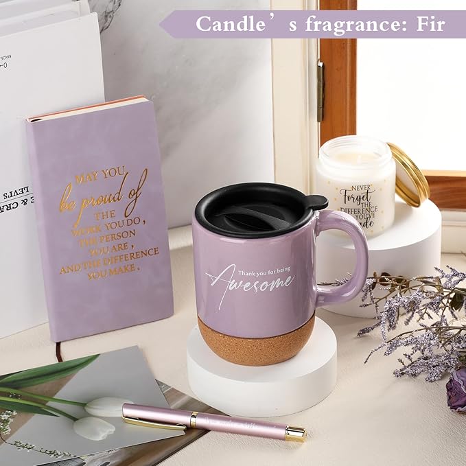 4 Pcs Thank You Gift Set for Women Men Coworker Employee Inspirational Appreciation Gifts Notebook Coffee Mug Scented Candle Pen for Valentine's Day Team Office Staff Teacher Nurse (Puple)