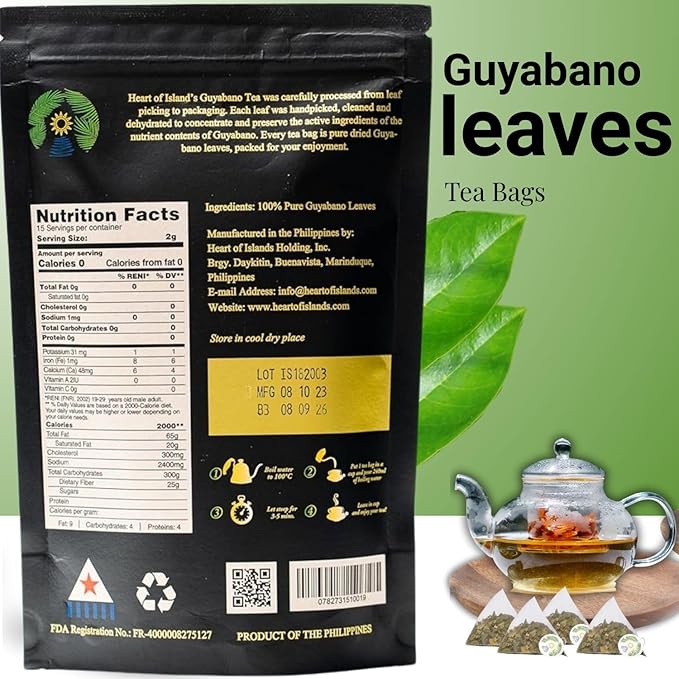 Heart of Islands KOSHER & HALAL Certified Soursop Tea Bags (2g Each) – Premium Guyabano (Graviola) Leaves from the Philippines – Organic Herbal Tea Bags Caffeine Free with Zero Calories 15 Count - Pack of 1