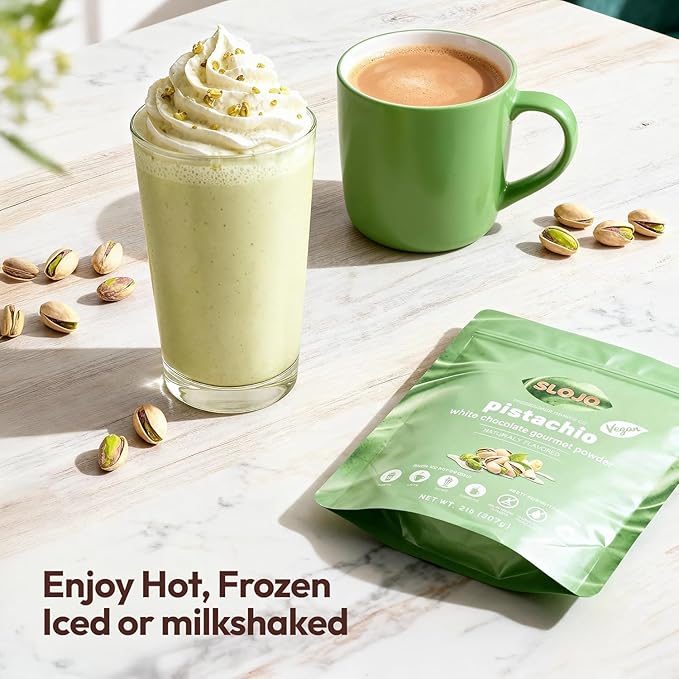 SLOJO Pistachio White Chocolate Powder - Premium Drink Mix for Hot & Cold Beverages, Gourmet Powder, Vegan, Drink Mix for Frozen or over Iced Frappes, Lattes, Iced Coffees, Milkshakes and Desserts, 14-Pound Box