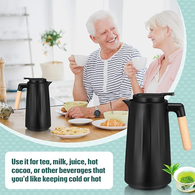 2 Pcs 34 oz Thermal Coffee Carafe for Keeping Hot/Cold Double Wall Vacuum Carafe with Insulated Glass Liner and Wood Handle Coffee Pot Container for Drinks Milk Tea Chocolates(Black)