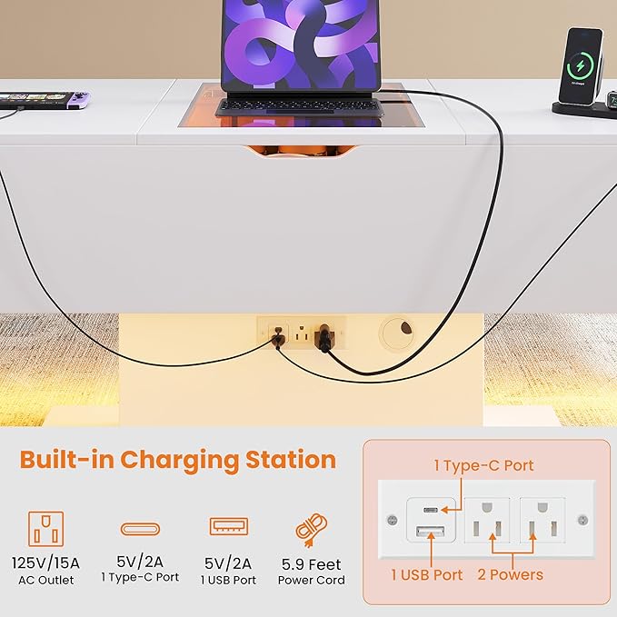 LED Coffee Table, 44" 3-Drawers Modern Coffee Table with Storage and Charging Station, for Living Room, White