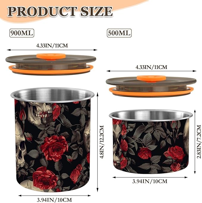 ALAZA Skull Red Rose Flower Floral Airtight Coffee Bean Canister Customed 500ml Food Storage Containers with Lids For Gournd, Tea, Sugar, Flour, Rice, Cereal, Candy Cookie Jar