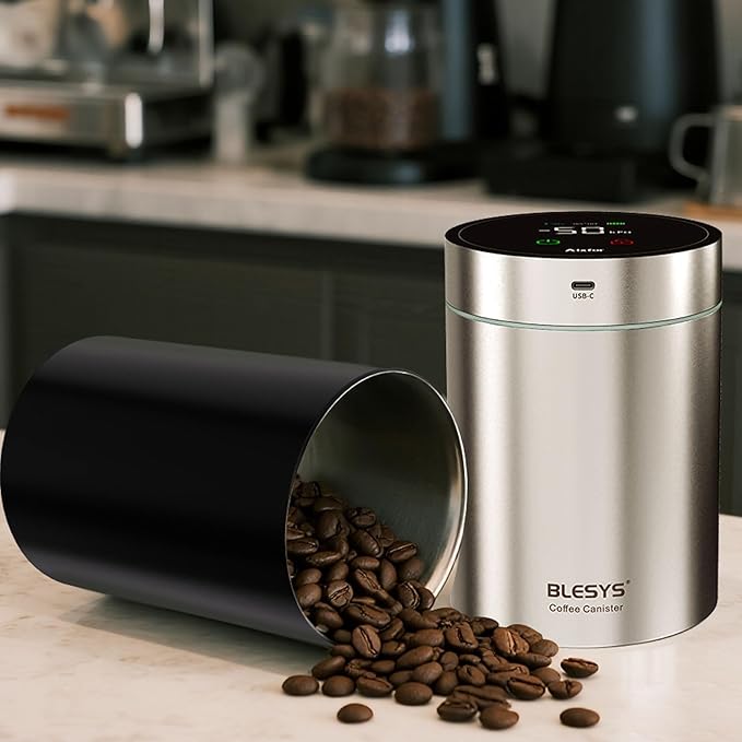 Smart Vacuum Coffee Canister, Automatic Stainless Steel Food Storage Container, LCD Monitoring, One-touch Freshness, Date Tracker, Extra-long Standby Time, holds 20oz Coffee Beans (Black, 1.8L)