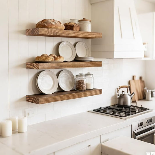 Floating Wall Shelf 16x6.8x1.7 Inch – Solid Wood Shelf in Dark Oak Finish – Wall Mounted Rustic Display Organizer for Bathroom, Kitchen, Bedroom, Small Spaces – Set of 3