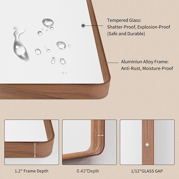 LOAAO 72X36 Inch Bathroom Mirror with Wood Grain Colored Metal Frame, Rounded Rectangle Metal Framed Bathroom Mirror, Anti-Rust, Hangs Horizontally or Vertically, Tempered Glass
