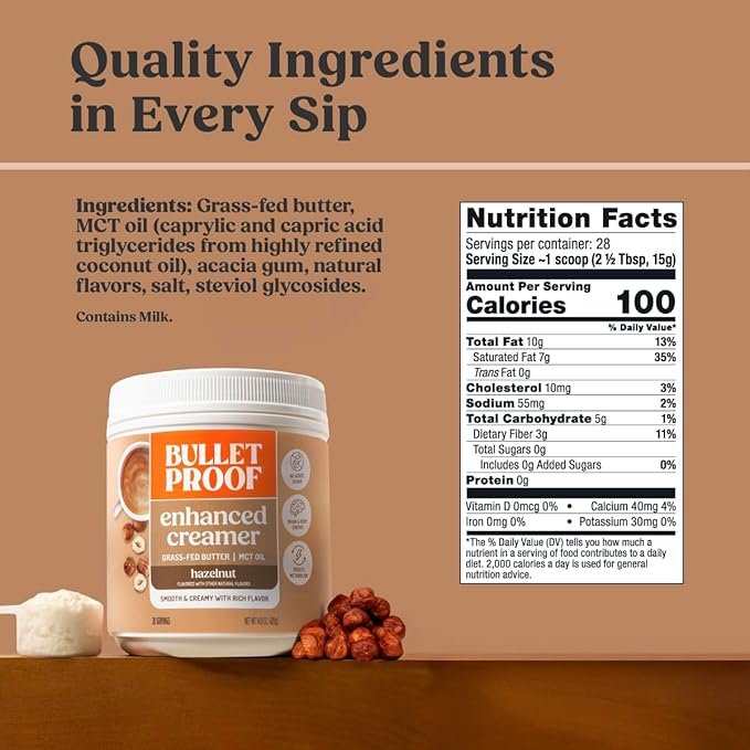 Bulletproof Hazelnut Creamer, 14.8 Ounces, Keto Coffee Creamer with MCT Oil and Grass-Fed Butter