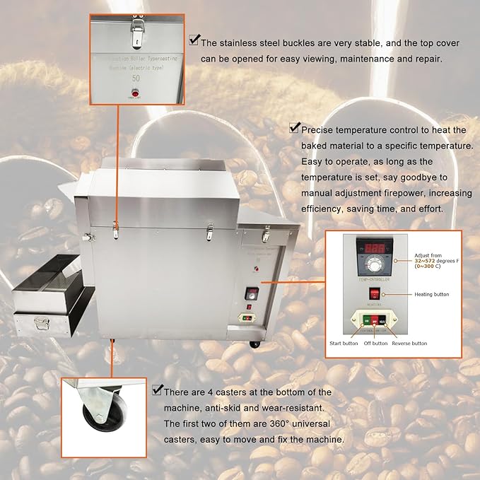 Banfluxion Electric Heating Coffee Bean Roaster 220V 6.5KW Commercial Stainless Steel Nuts Bean Roasting Machine Roller Type Baking Machine 0-300℃ 25kg Chestnut Capacity 3PH