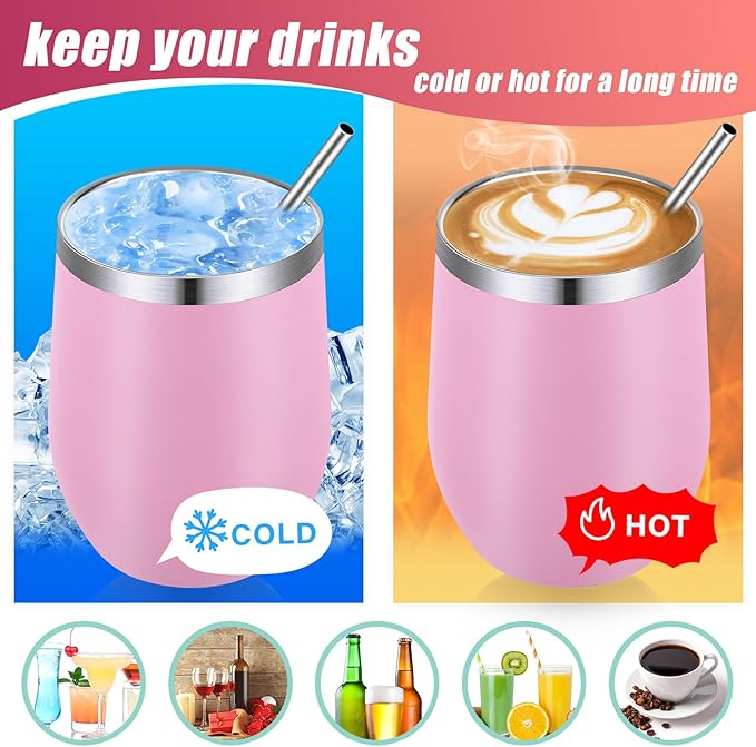 16 Pack Stainless Steel Wine Tumblers 12 oz Insulated Vacuum Wine Cup Set Double Wall Stainless Steel Stemless Mug Glasses for Coffee Soda Whiskey Outdoor Travel (Pink)