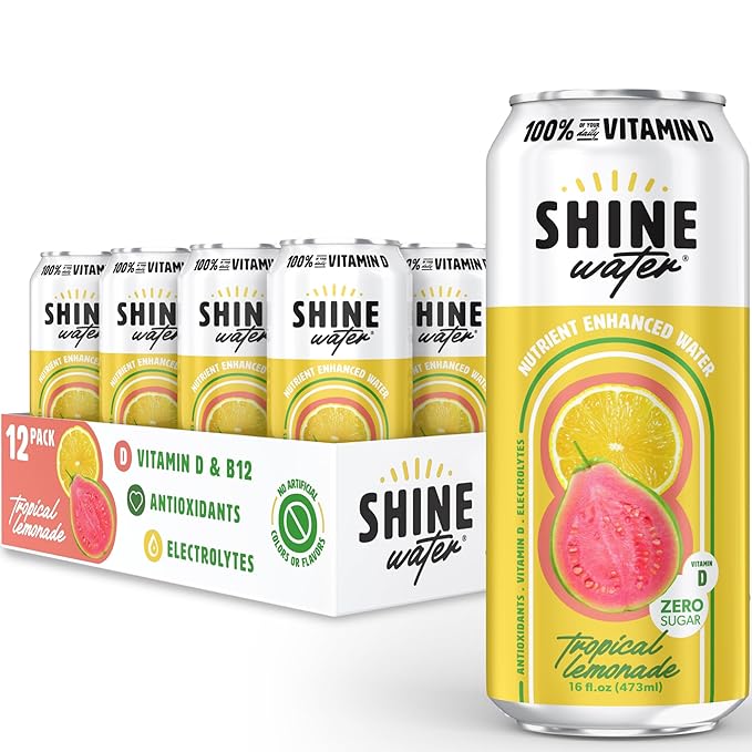 Shine Water Tropical Lemonade Vitamin D Electrolyte Drinks 12-Pack, Sugar Free Flavored Water with Magnesium, Zinc & Antioxidants, Low Calorie Hydration Beverage, Plant-Based Vitamin Water Zero Sugar