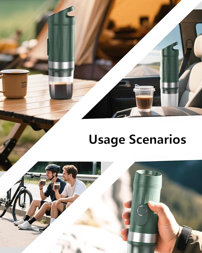 Portable Espresso Machine 3Minute Auto Heat12V Rechargeable Electri Coffee Maker 20 BaCompatible with NS DG Capsules and GroundCoffee for Camping, Travelling RVing HikingandOffice (Green)