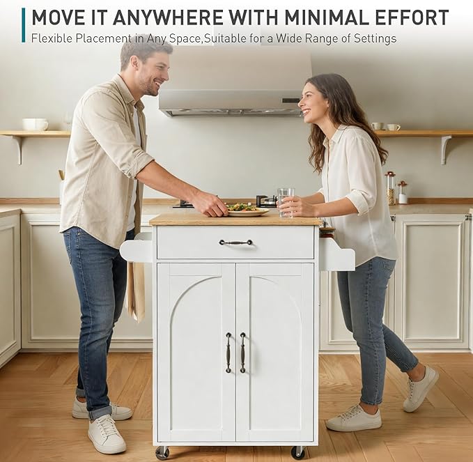 Kitchen Island Cart, Small Kitchen Island with Storage Cabinet and Drawer, Rolling Kitchen Cart on Wheels with Spice Rack and Towel Rack, for Kitchen, Dining Room, White and Natural