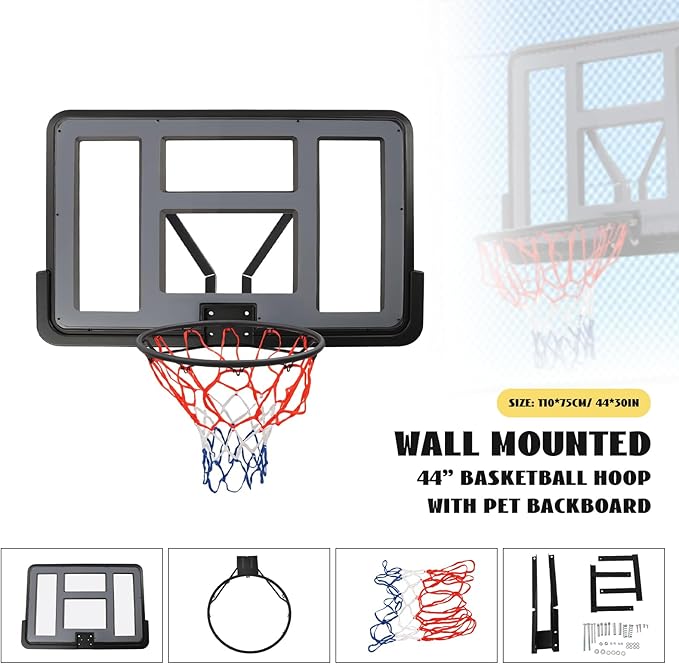 Basketball Backboard and Hoop,Exercise Wall-Mounted Fixed Basketball Hoop Replacement Kit Body Workout,Athletic Training Backboard & Rim Combofor Home Training and Club use Sport ﻿
