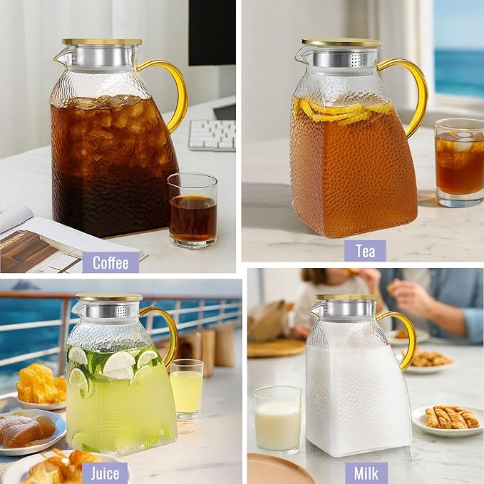 2 Pack Glass Pitcher With Handle And Lid, Large 2 Liter Glass Water Pitcher For Fridge, 68oz glass Tea pitcher Hot And Cold Iced Juice Coffee Milk, Jug Carafe For Beverages Drink
