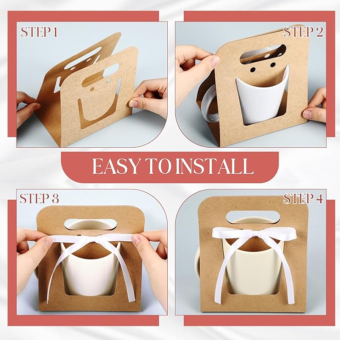 Motipuns 24 Pack Mug Boxes for Gifts 11 oz Coffee Mug Gift Boxes with 1 Roll Ribbon Sublimation Cups Packaging Bags for Sublimation Coffee Cups Blanks Wrapping(Brown)