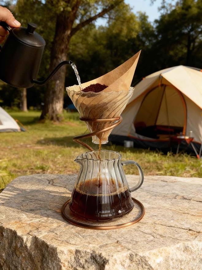 Pour Over Coffee Maker Set with Glass Carafe, Iron Stand, Bamboo Base, 20 oz Capacity, V02 Filter Papers(100 Count), Manual Drip Brewing System