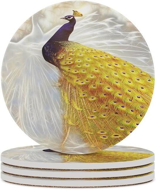 Round-4PCS Peacock Ceramic Coasters, Round Absorbent Drink Coasters, Vintage Style Beautiful Gold White Peacock Ceramic Table Coasters for Coffee, Beverage, Wine, Beer Coasters