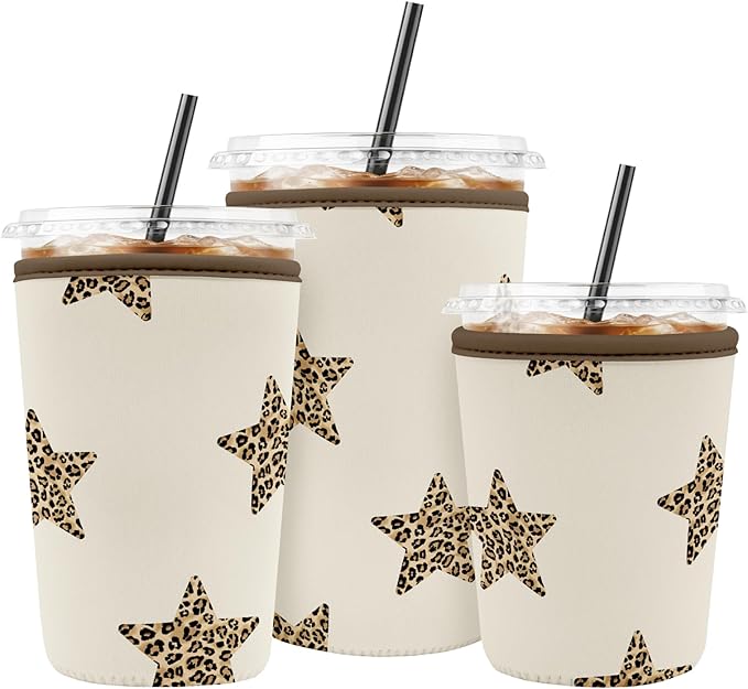 Iced Coffee Sleeve Reusable Cup Sleeves for Cold Drinks Neoprene Koozie Cozy Plastic Cup Covers for Drinks, Stars Leopard