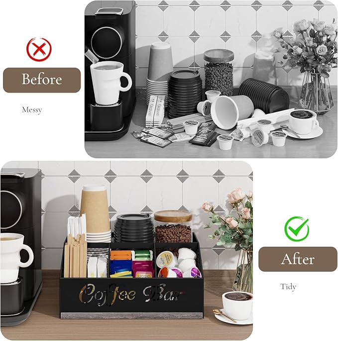 BCOZLUX Coffee Bar Organizer for Countertop, Wooden Counter Station Organizer with Metal Mesh Basket, Coffee Bar Accessories Decor for Pods Condiment Syrup Tea Sugar, Gray