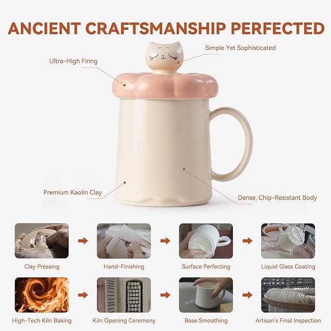 Spinning Cat Tea Cup with Infuser and Lid 14oz - Ceramic Mug with Lid, Floral Design Tea Gift for Women, Anniversary Birthday Gift Compatible with Warmer