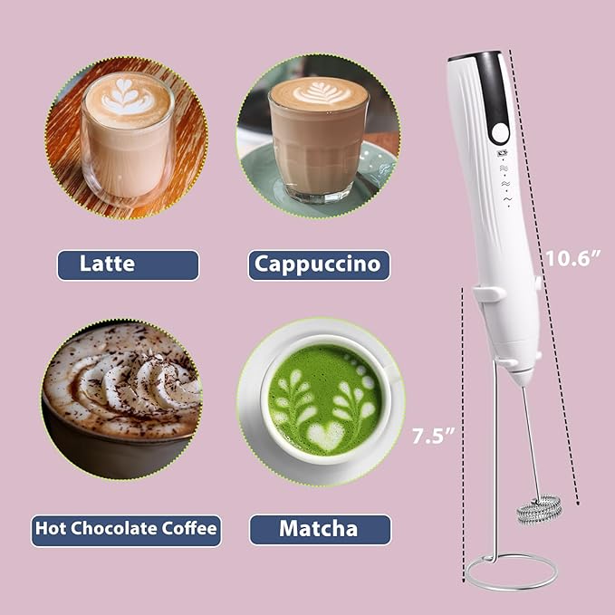 Milk Frother Handheld with Stand, Rechargeable Coffee Frother Wand with 2 Stainless Whisks 3 Speeds, Drink Mixer, Electric Foam Maker, Hand Mixer for Lattes, Cappuccino, Matcha, Egg, White