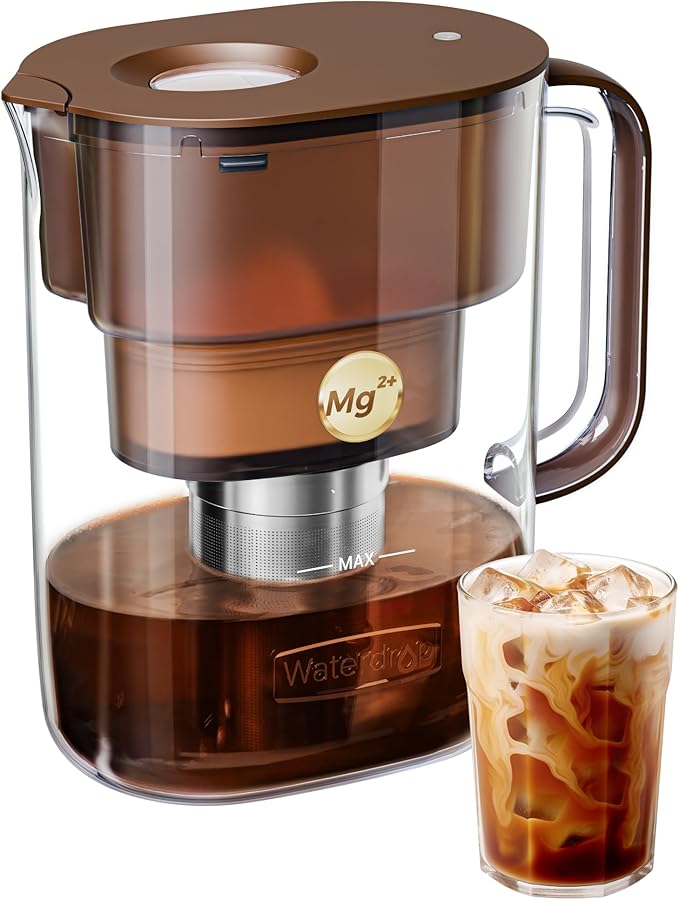 Waterdrop Cold Brew Coffee Maker with 1 Magnesium Water Filter, Well-Balanced Acidity, Unlocks Flavor and Aroma, BPA-Free, Precision Fine Mesh Filter for Iced Coffee, Tea, Lemonade, Brown