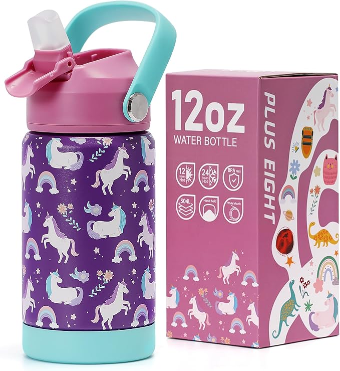 Kids Insulated Water Bottle with Straw Lid, 12 oz BPA-FREE Double Wall Vacuum Tumbler 18/8 Stainless Steel Leak Proof Kids Cups with Straw for School Travel Boys Girls (Unicorn)