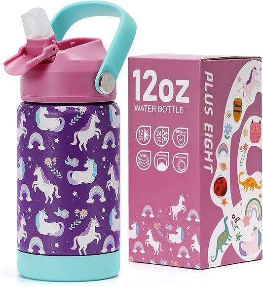 Kids Insulated Water Bottle with Straw Lid, 12 oz BPA-FREE Double Wall Vacuum Tumbler 18/8 Stainless Steel Leak Proof Kids Cups with Straw for School Travel Boys Girls (Unicorn)