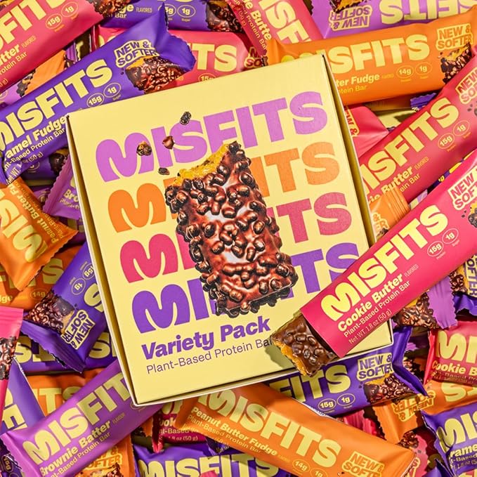 Misfits Protein Bar Variety Pack | Nutrition Bars - 14-15g Protein, 1g Sugar, Plant-based, Low Carb, Non-GMO, Gluten Free Snacks | Pack of 12, Multiple Flavors