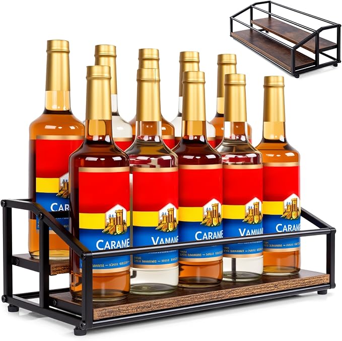 kimilus Coffee Syrup Organizer Rack, Liquor Bottle Display Shelf, 2 Tier 10 Syrup Bottles Holder Stand for Coffee Bar Kitchen Small Wine Rack for Family Storage for Syrup Wine Dressing