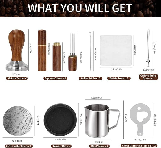 53.3mm Espresso Accessories Kit, 24PCS Coffee Tamper Set，Barista Kit, WDT Tool,316stainlesss Frothing Pitcher, Stirrer, Tamper Mat, Latte Art Pen ， Coffee puck screen