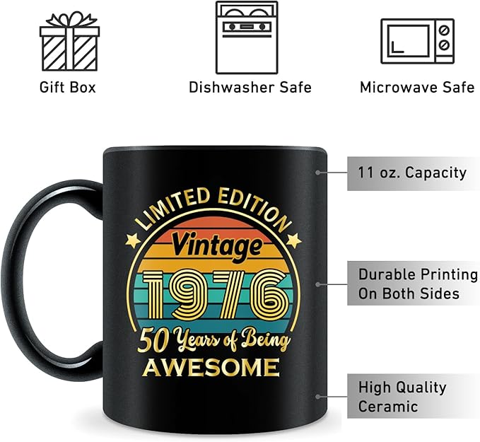 QUPT 50th Birthday Gifts for Women Men, 50th Birthday Gifts for Him, 1976 Birthday Gifts for Women Men, 50 Years Old Gifts, 1976 Birthday Gifts for Her Him, 50th Birthday Presents Coffee Mug