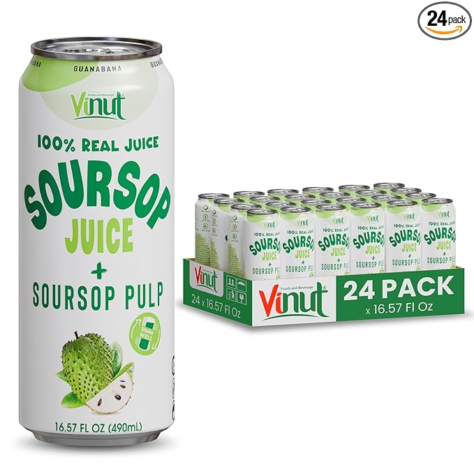 Vinut 100% Soursop Juice With Pulp (16.57 fl oz, Pack 24), No Sugar Added, Real Guanabana Soursop Graviola Drink, Fresh, Natural, Not from Concentrate (NFC)
