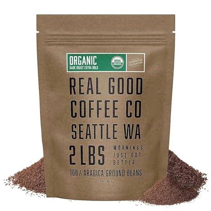 Real Good Coffee Company - Ground Coffee - Organic Dark Roast Coffee - 100% Arabica Coffee Beans - Roasted and Ground in Seattle, WA - 2 Pound Bag