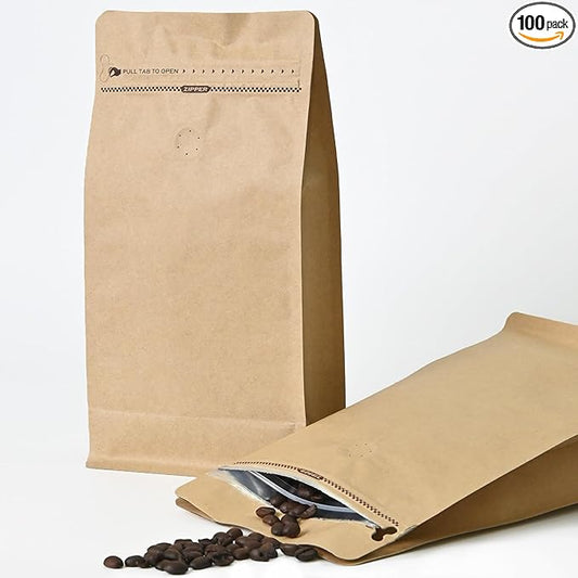 12mil Stand Up Coffee Bags, Flat Bottom Pouch with one-way Air Release Valve and Reusable Side Zipper(Craft Paper, 100PCS-Small-0.5lb/8oz/250g)