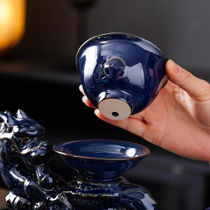 Semi Automatic Tea Set Ceramic Teapot with Infuser Magic Teapot with 8 cups (Dark Blue Dragon-B)