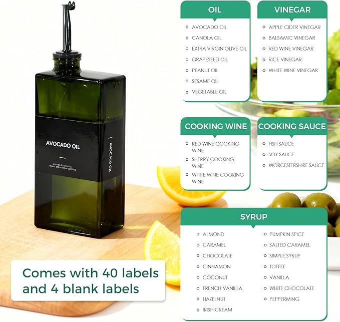Olive Oil Dispenser Bottle For Kitchen, 17OZ UV-Blocking Oil And Vinegar Dispenser Set Of 2, Soy Sauce Cooking Oil Dispenser with 2 Stainless Steel Pourers & 44 Labels