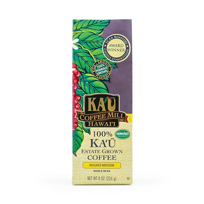 Ka'u Coffee Mill Washed Medium Roast Whole Bean Coffee - Bright Aroma - Plum & Citrus Notes - Handpicked & Washed Processed Hawaii Grown Arabica Beans - Gourmet Premium Small Batch - 8oz